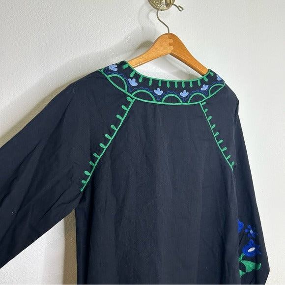Roller Rabbit Cotton Linen Black Floral Embroidered Dress