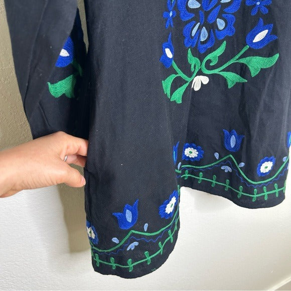Roller Rabbit Cotton Linen Black Floral Embroidered Dress