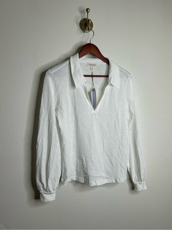 Nation LTD Nation LA 100% Cotton White Collared Polo Long Sleeve Blouse Top - Cotton