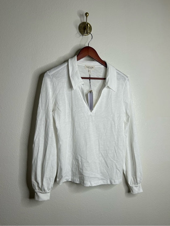 Nation LTD Nation LA 100% Cotton White Collared Polo Long Sleeve Blouse Top - Cotton
