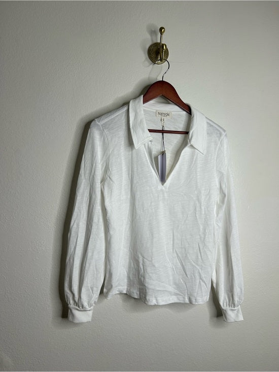 Nation LTD Nation LA 100% Cotton White Collared Polo Long Sleeve Blouse Top - Cotton
