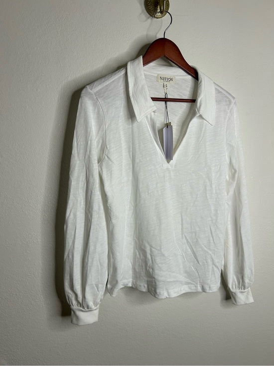 Nation LTD Nation LA 100% Cotton White Collared Polo Long Sleeve Blouse Top - Cotton
