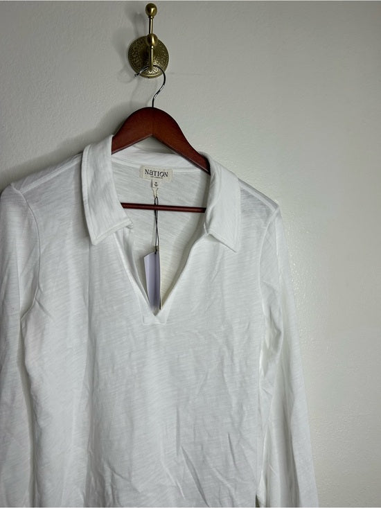 Nation LA 100% Cotton White Collared Polo Long Sleeve Blouse Top