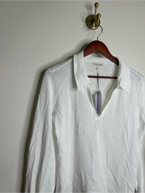 Nation LA 100% Cotton White Collared Polo Long Sleeve Blouse Top