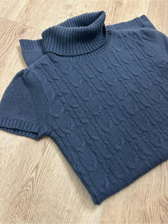 Pheobe &amp; Lola 100% Cashmere Blue Cable Knit Short Sleeve Turtleneck Mini Dress