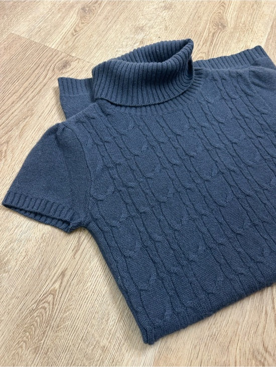 Pheobe &amp; Lola 100% Cashmere Blue Cable Knit Short Sleeve Turtleneck Mini Dress
