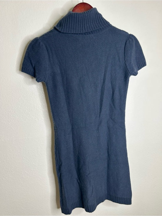 Pheobe &amp; Lola 100% Cashmere Blue Cable Knit Short Sleeve Turtleneck Mini Dress