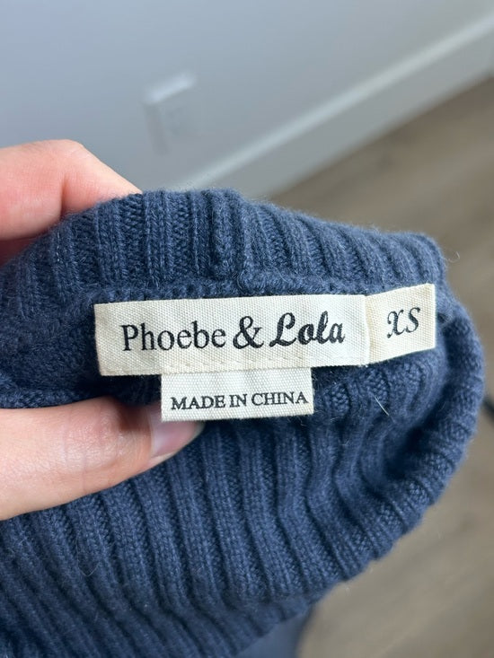Pheobe &amp; Lola 100% Cashmere Blue Cable Knit Short Sleeve Turtleneck Mini Dress