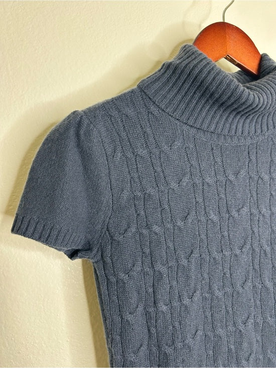 Pheobe &amp; Lola 100% Cashmere Blue Cable Knit Short Sleeve Turtleneck Mini Dress