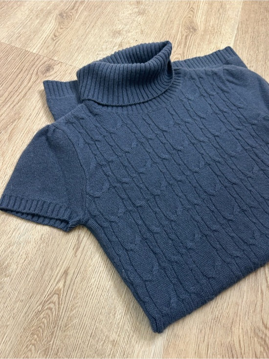 Pheobe &amp; Lola 100% Cashmere Blue Cable Knit Short Sleeve Turtleneck Mini Dress