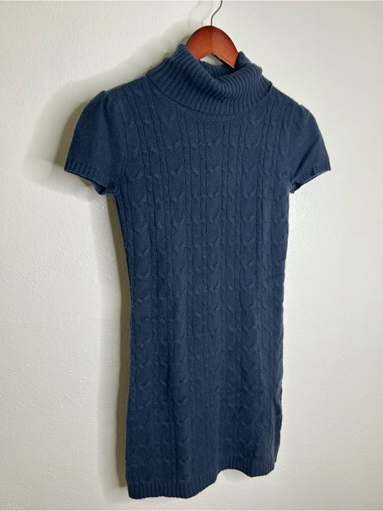 Pheobe &amp; Lola 100% Cashmere Blue Cable Knit Short Sleeve Turtleneck Mini Dress