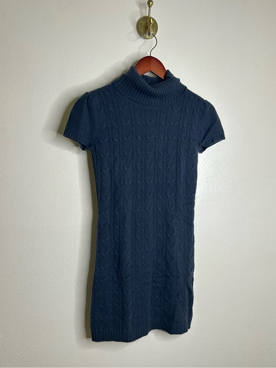 Pheobe &amp; Lola 100% Cashmere Blue Cable Knit Short Sleeve Turtleneck Mini Dress