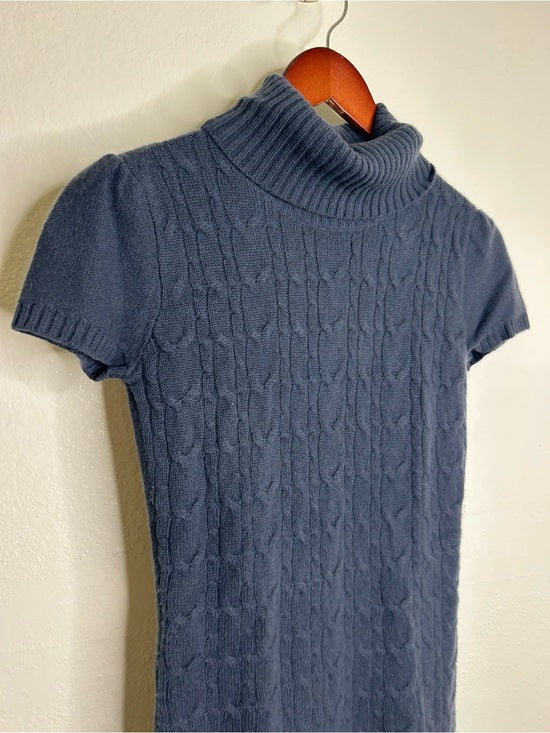 Pheobe &amp; Lola 100% Cashmere Blue Cable Knit Short Sleeve Turtleneck Mini Dress