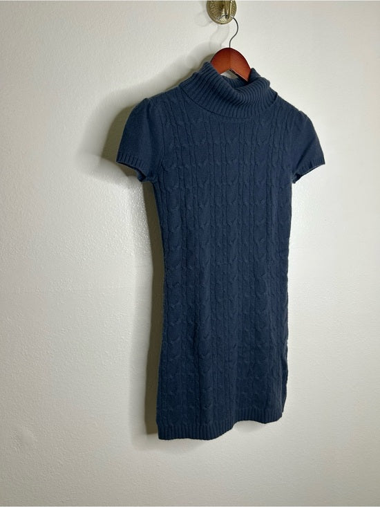 Pheobe &amp; Lola 100% Cashmere Blue Cable Knit Short Sleeve Turtleneck Mini Dress