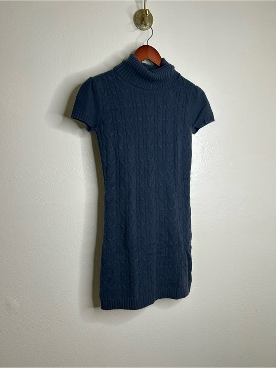 Pheobe &amp; Lola 100% Cashmere Blue Cable Knit Short Sleeve Turtleneck Mini Dress