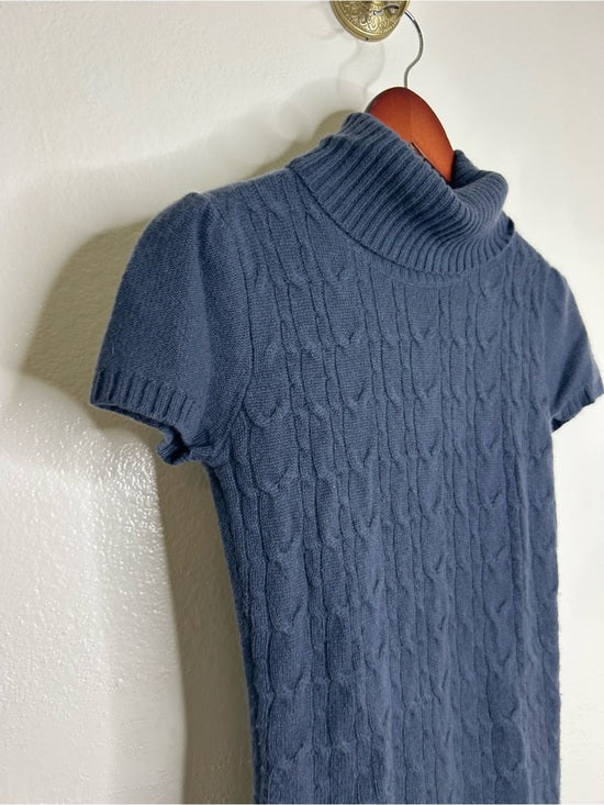 Pheobe &amp; Lola 100% Cashmere Blue Cable Knit Short Sleeve Turtleneck Mini Dress
