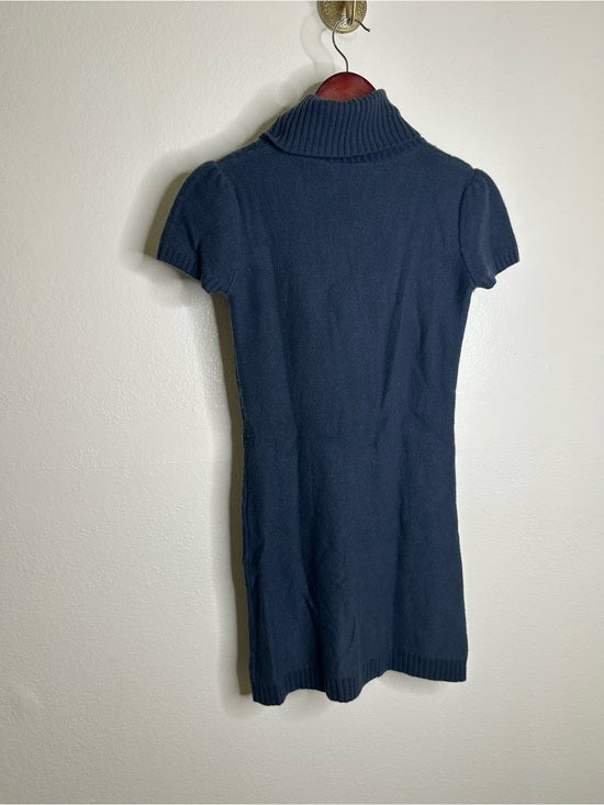 Pheobe &amp; Lola 100% Cashmere Blue Cable Knit Short Sleeve Turtleneck Mini Dress