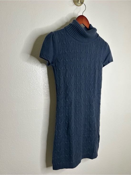 Pheobe &amp; Lola 100% Cashmere Blue Cable Knit Short Sleeve Turtleneck Mini Dress
