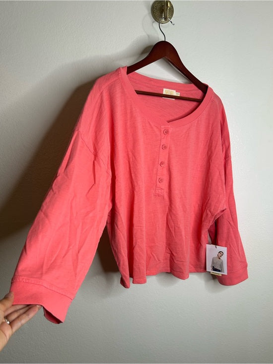 Nation LTD Nation LA 100% Cotton Coral Henley Wide Sleeve Long Sleeve Top