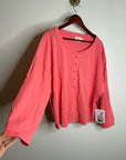Nation LA 100% Cotton Coral Henley Wide Sleeve Long Sleeve Top