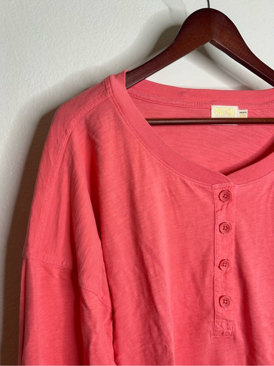 Nation LA 100% Cotton Coral Henley Wide Sleeve Long Sleeve Top