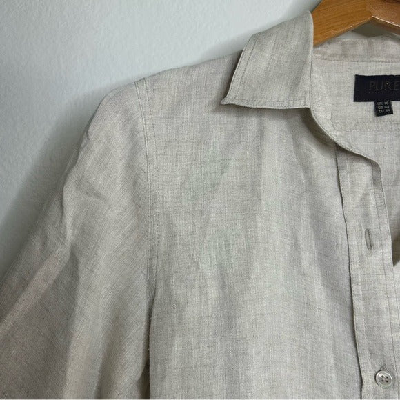 PURE 100% Linen Natural Tan Button Down 3/4 Sleeve Tunic Top