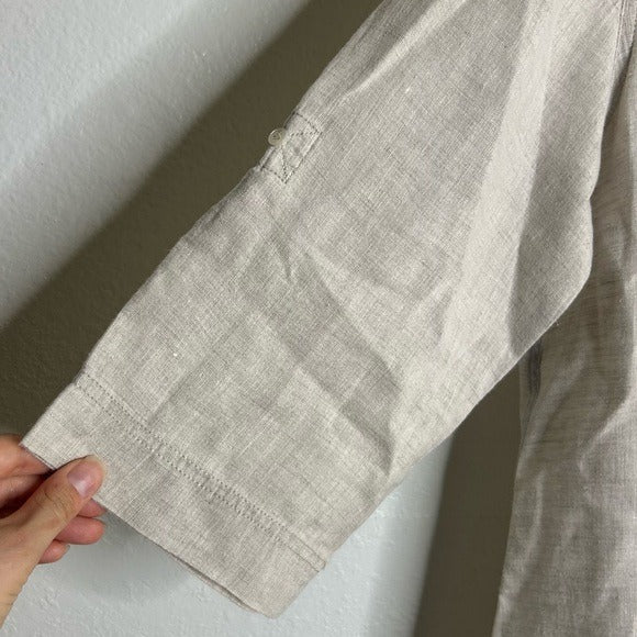 PURE 100% Linen Natural Tan Button Down 3/4 Sleeve Tunic Top