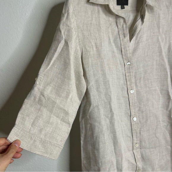 PURE 100% Linen Natural Tan Button Down 3/4 Sleeve Tunic Top