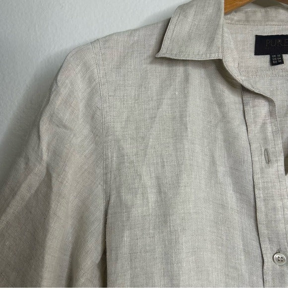 PURE 100% Linen Natural Tan Button Down 3/4 Sleeve Tunic Top