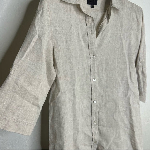 PURE 100% Linen Natural Tan Button Down 3/4 Sleeve Tunic Top