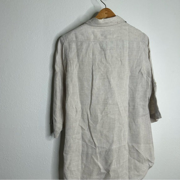 PURE 100% Linen Natural Tan Button Down 3/4 Sleeve Tunic Top