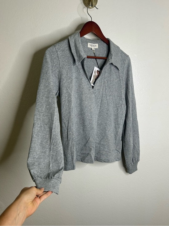 Nation LA 100% Cotton Kimberly Polo Long Sleeve Tee in Gray