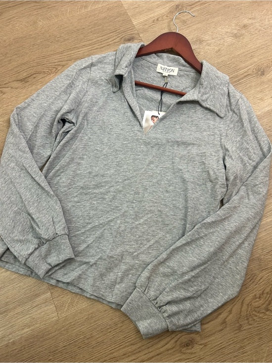 Nation LA 100% Cotton Kimberly Polo Long Sleeve Tee in Gray