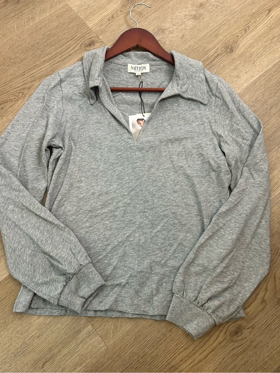 Nation LA 100% Cotton Kimberly Polo Long Sleeve Tee in Gray