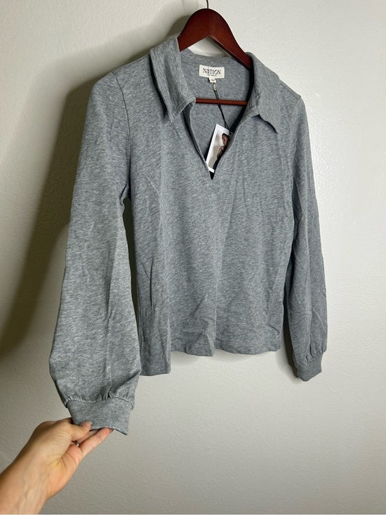 Nation LA 100% Cotton Kimberly Polo Long Sleeve Tee in Gray