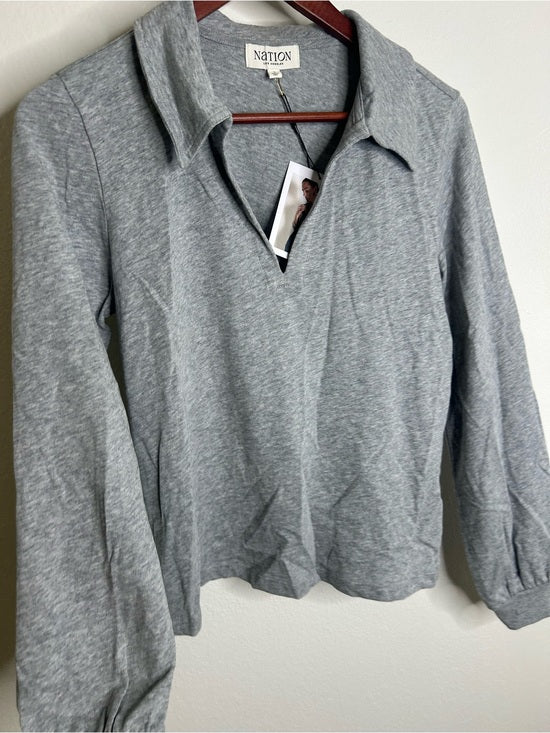 Nation LA 100% Cotton Kimberly Polo Long Sleeve Tee in Gray