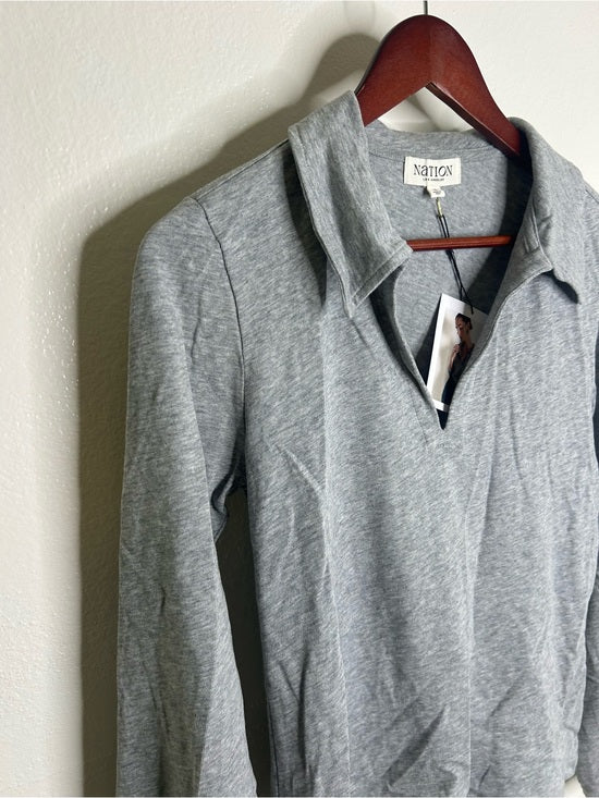Nation LA 100% Cotton Kimberly Polo Long Sleeve Tee in Gray