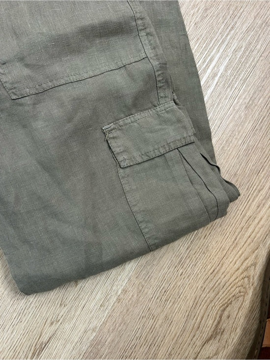 Michael Stars Michael Stars 100% Linen Army Green Cargo Style Straight Leg Trouser Pant - Linen