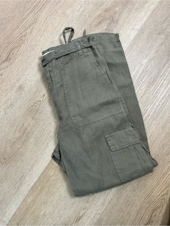 Michael Stars 100% Linen Army Green Cargo Style Straight Leg Trouser Pant