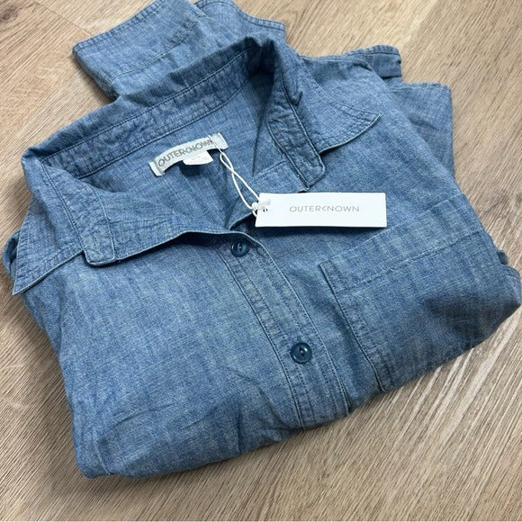 Outerknown Outerknown 100% Organic Cotton Chambray Denim Collared Long Sleeve Blouse - Cotton, Denim
