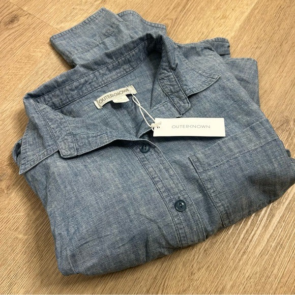 Outerknown Outerknown 100% Organic Cotton Chambray Denim Collared Long Sleeve Blouse - Cotton, Denim