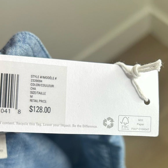 Outerknown 100% Organic Cotton Chambray Denim Collared Long Sleeve Blouse