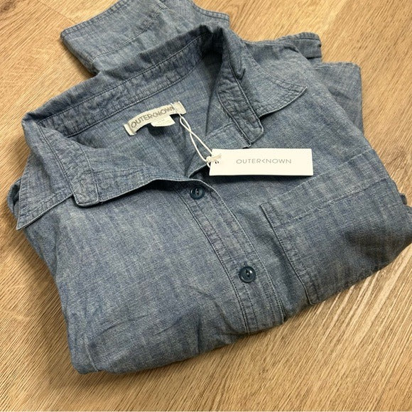 Outerknown Outerknown 100% Organic Cotton Chambray Denim Collared Long Sleeve Blouse - Cotton, Denim