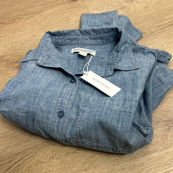 Outerknown Outerknown 100% Organic Cotton Chambray Denim Collared Long Sleeve Blouse - Cotton, Denim