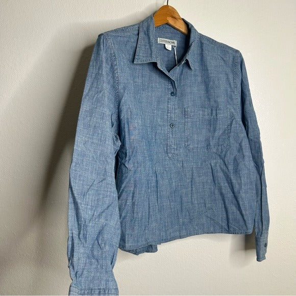 Outerknown Outerknown 100% Organic Cotton Chambray Denim Collared Long Sleeve Blouse - Cotton, Denim