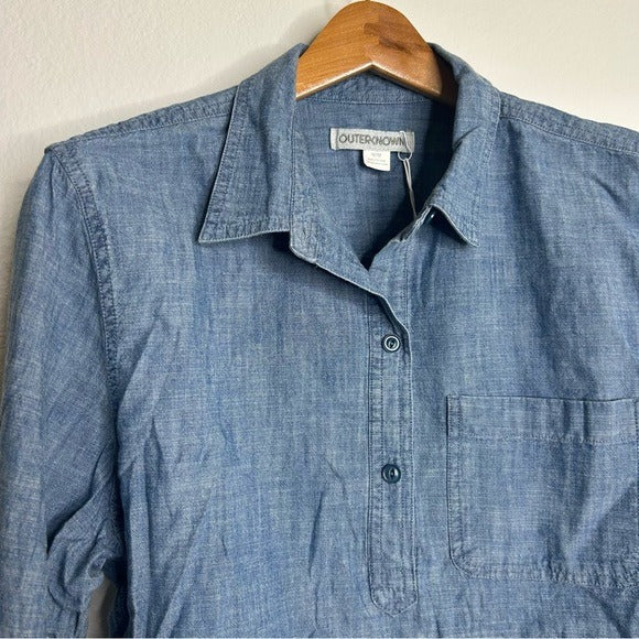 Outerknown Outerknown 100% Organic Cotton Chambray Denim Collared Long Sleeve Blouse - Cotton, Denim