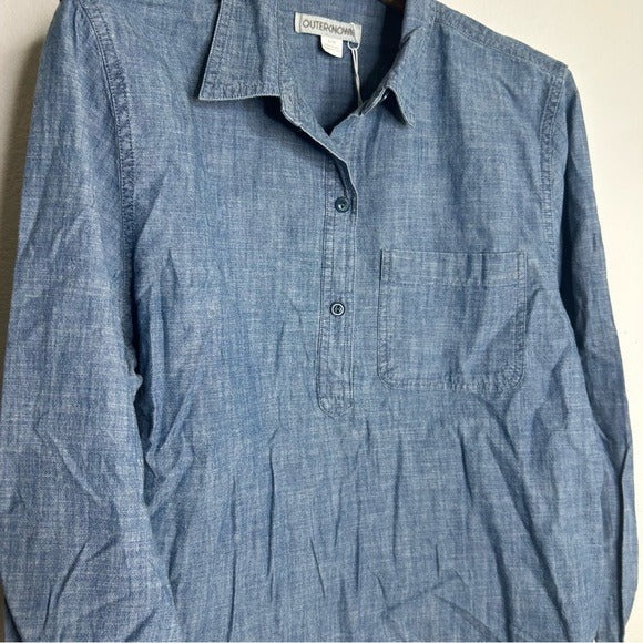 Outerknown 100% Organic Cotton Chambray Denim Collared Long Sleeve Blouse