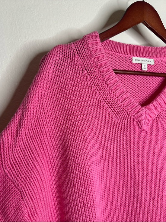 Banana Republic 100% Cotton Pink Textured Heavy Knit V - Neck Pullover Sweater