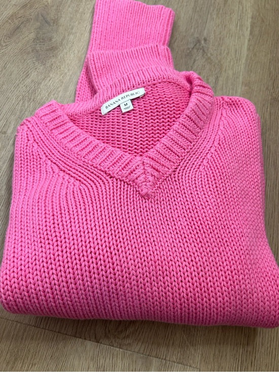 Banana Republic 100% Cotton Pink Textured Heavy Knit V - Neck Pullover Sweater