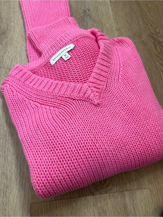 Banana Republic 100% Cotton Pink Textured Heavy Knit V - Neck Pullover Sweater